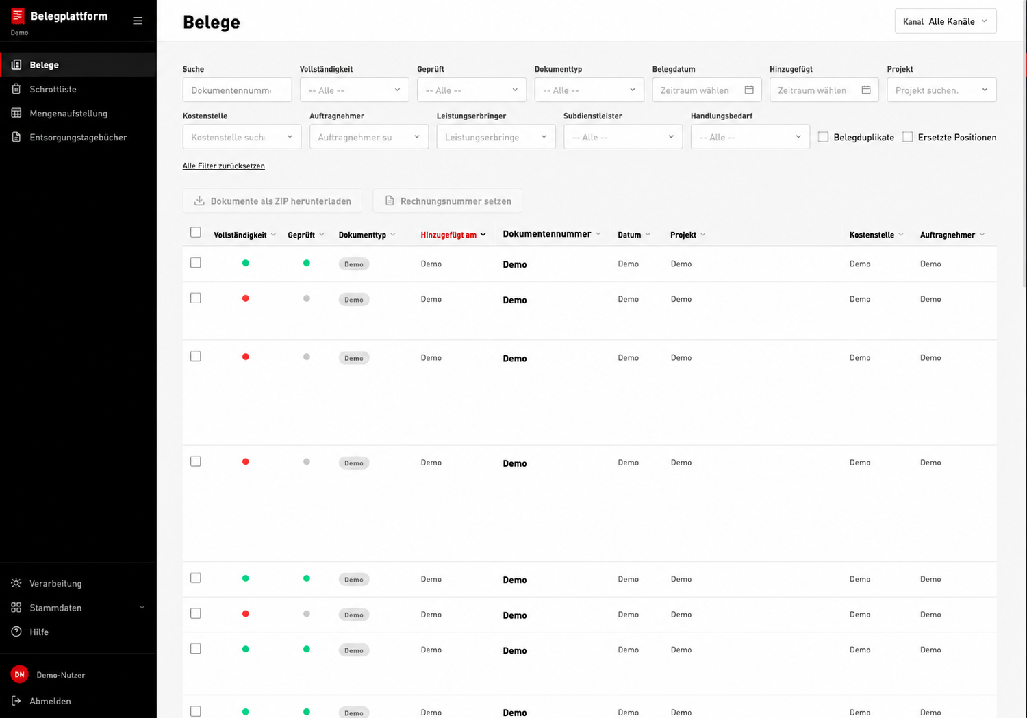 Anonymisierte Demo-Belegübersicht mit Filtern, Belegtabelle und Bearbeitungsstatus.