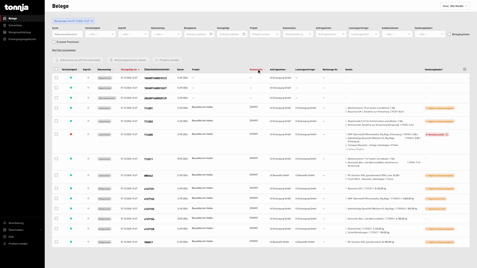 tonnja-Belegübersicht mit gefüllten Demobelegen, Projektzuordnungen und Bearbeitungsstatus.